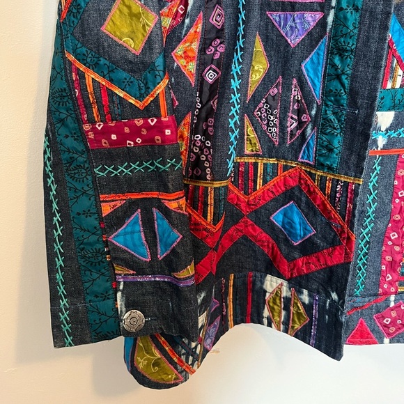 Chicos Design Vintage Embroidered Artsy Silk Patchwork Denim Jacket - Picture 5 of 11